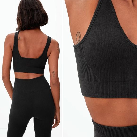 NEW Everlane The Seamless Bra Small Black Ribbed Knit Wireless Lounge Longline - Picture 3 of 6